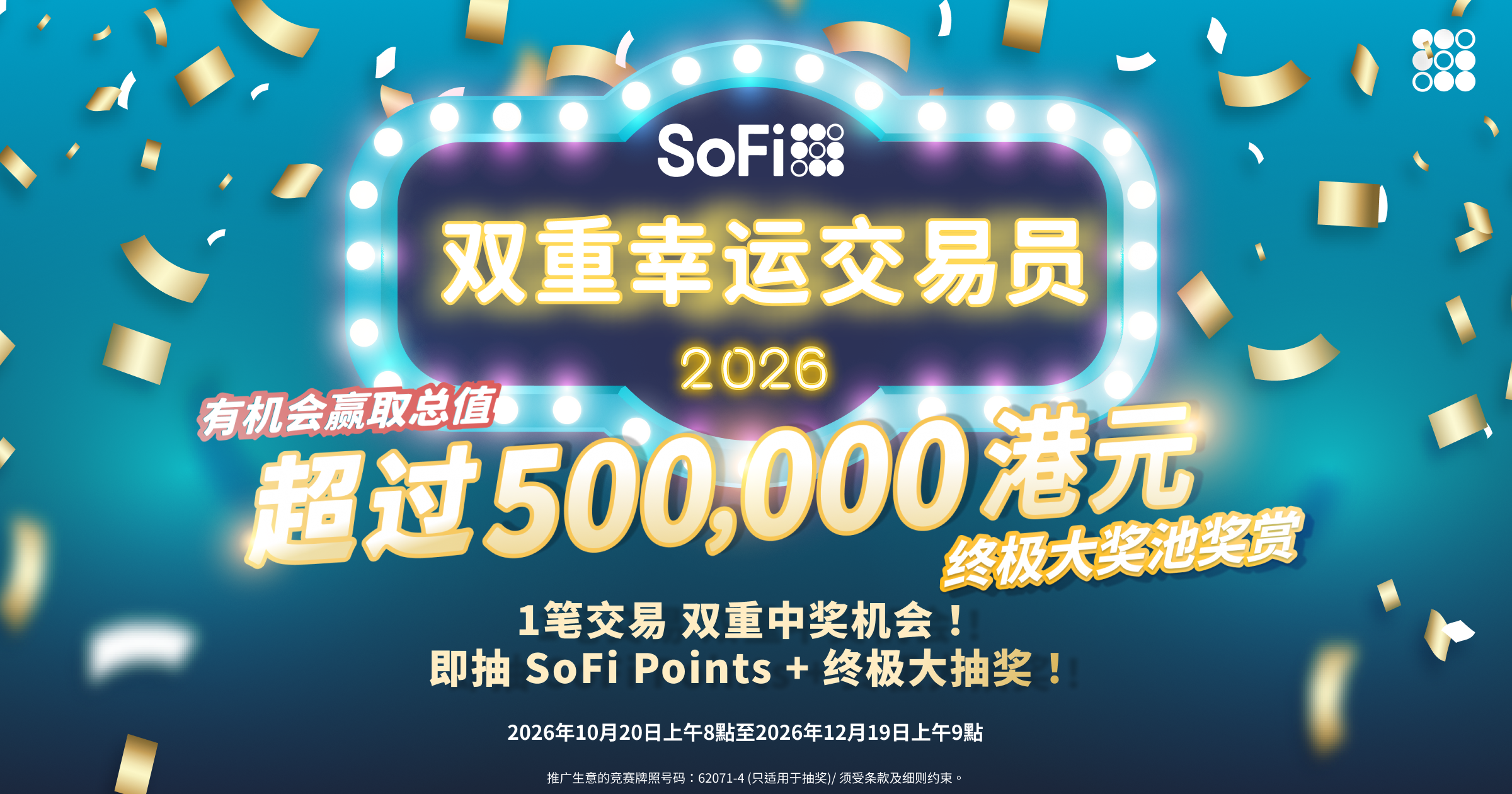 交易 | 抽奖 | 有机会赢大奖：SoFi 双重幸运交易员 2026 隆重登场！有机会赢取总值超过 500,000港元 大奖！🎁📈